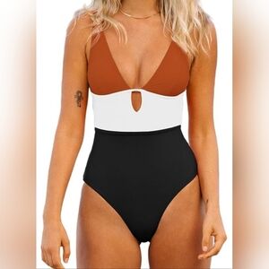 Cupshe Women's One Piece Swimsuit Keyhole Cutout Black Pumpkin Sz Large